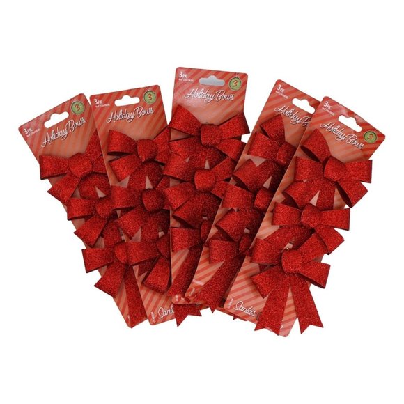 Santas Studio 3 Piece Holiday Bows Set Of 5 Packs Red Glitter Christmas New - Picture 1 of 7